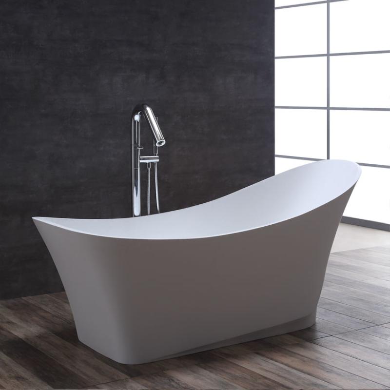 EAGO AWT StoneArt BS-501 freistehende Mineralguss Badewanne in Weiß mit eleganter Formgebung und Standarmatur in modernem Badezimmer