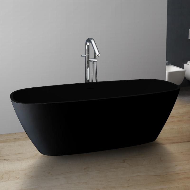 Freistehende schwarze Mineralguss Badewanne EAGO AWT StoneArt BS-528 mit ovaler Form und Standarmatur in modernem Badezimmer
