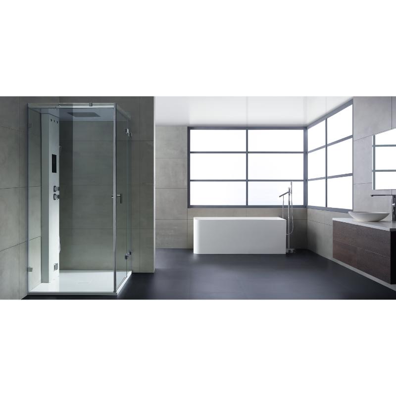 Modernes Badezimmer mit freistehender weißer Mineralguss-Badewanne EAGO AWT StoneArt BS-534, bodenebener Dusche und großflächigen Fenster
