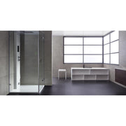 Modernes Badezimmer mit freistehender weißer Mineralguss-Badewanne EAGO AWT StoneArt BS-535, Duschbereich mit Glaswand und grauer Fliesenoptik