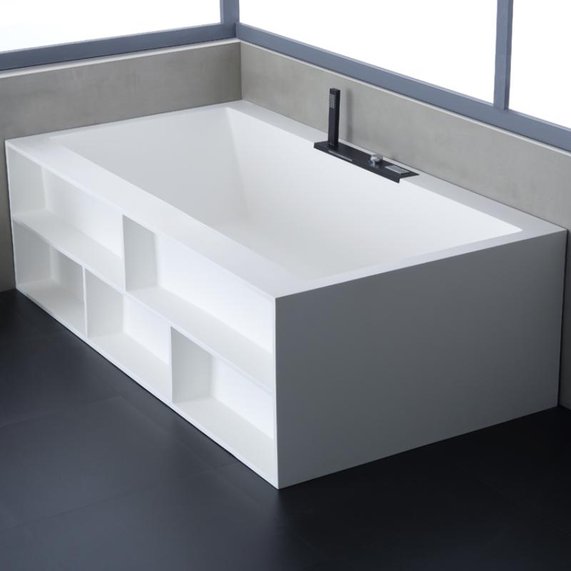 EAGO AWT StoneArt BS-535 freistehende Mineralguss Badewanne in Weiß mit anthrazitfarbenem Rahmen und schwarzer Armatur
