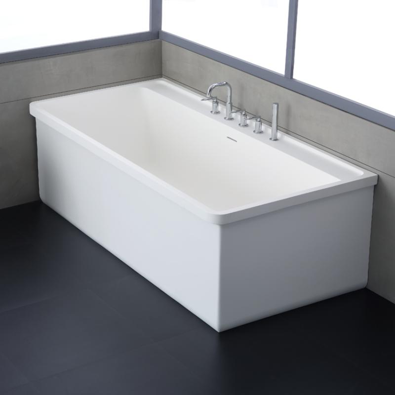 EAGO AWT StoneArt BS-537 freistehende Mineralguss Badewanne in Weiß mit modernem Design und Armatur in minimalistischem Badezimmer