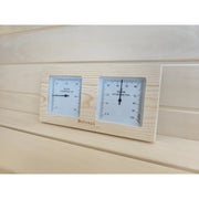 Butenas Innensauna Zubehörset Holz mit Thermometer und Hygrometer auf naturbelassener Holzbank