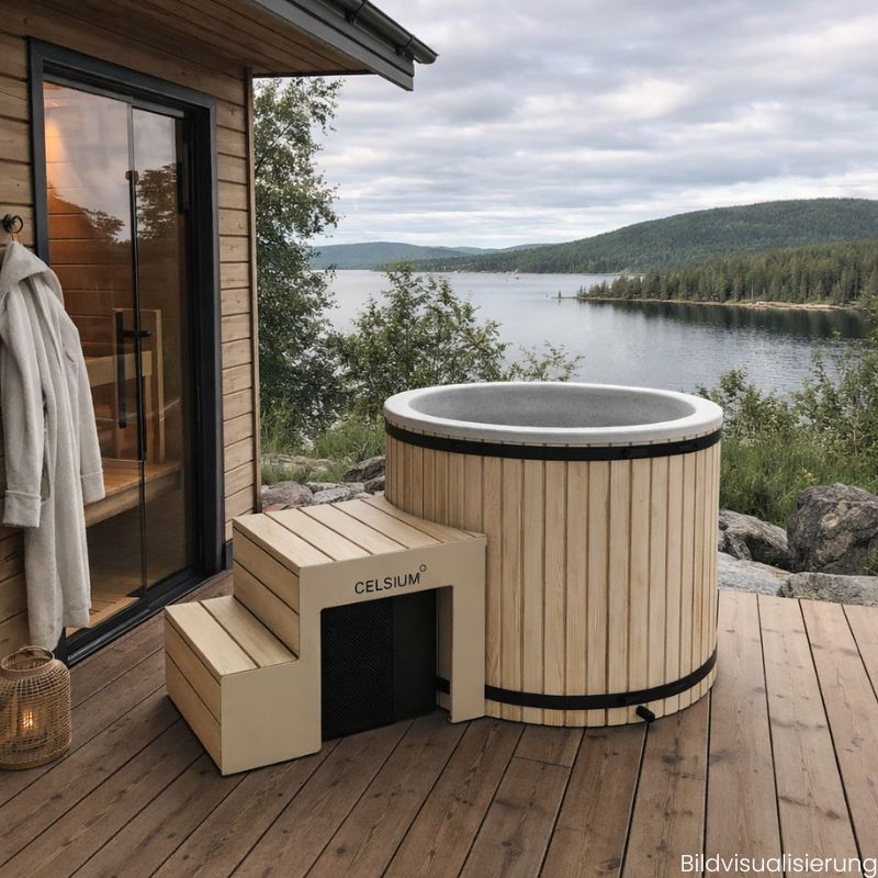 Celsium Eisbad mit kaltem Wasser neben Gartensauna auf Holzterrasse, mit Berg- und Seeblick für private Outdoor Wellness.