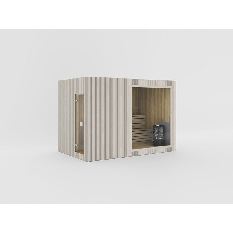 Celsium Jonas Classic Lounge Sauna mit Holzverkleidung, großem Fenster und Saunaofen, Platz für bis zu 6 Personen