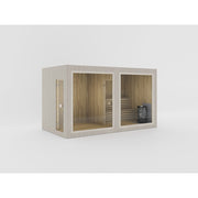Frontansicht der Celsium Jonas Classic Lounge Sauna in Beige mit zwei großflächigen Glasfronten