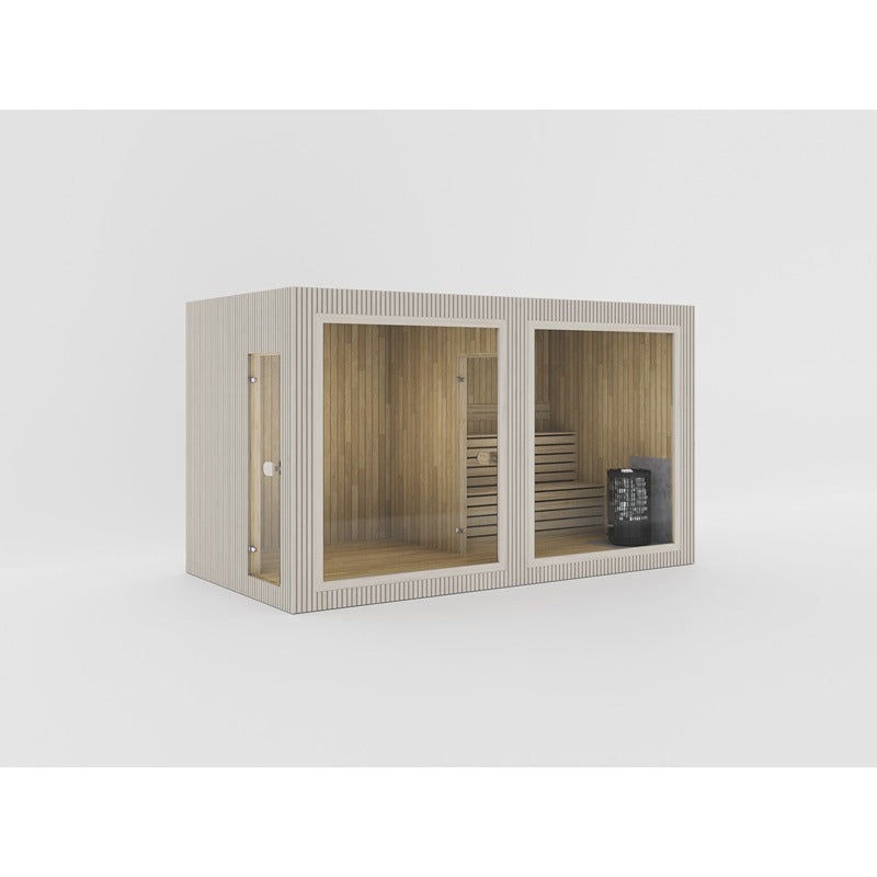 Frontansicht der Celsium Jonas Classic Lounge Sauna in Beige mit zwei großflächigen Glasfronten