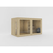 Celsium Jonas Classic Lounge Sauna aus Holz mit großer Glasfront, Saunaofen und Holzbänken für bis zu 6 Personen, 440x216 cm
