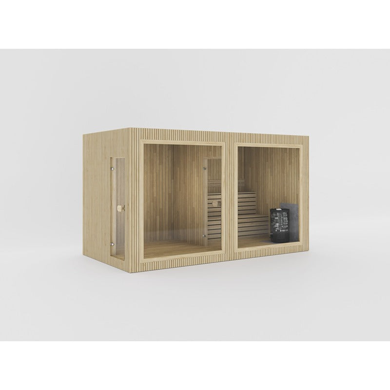 Celsium Jonas Classic Lounge Sauna aus Holz mit großer Glasfront, Saunaofen und Holzbänken für bis zu 6 Personen, 440x216 cm