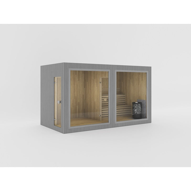 Celsium Jonas Classic Lounge Sauna mit Glasfront, modernes Design mit grauer Wellblechverkleidung, Holzbank-Innenaustattung und großen Panoramafenstern für bis zu 6 Personen