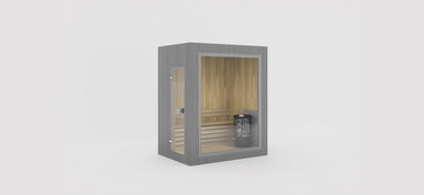 Celsium Jonas kompakte Designsauna in Grau aus 44 mm Massivholz mit Glasfront für stilvolles Outdoor-Wellness