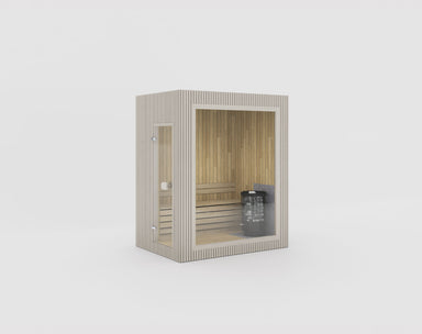 Celsium Jonas kompakte Designsauna aus 44 mm Massivholz mit Glasfront für stilvolles Outdoor-Wellness