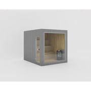 Celsium Jonas Large Außensauna aus 44 mm Massivholz in grauer Außenverkleidung mit Harvia Ofen, Platz für 6 Personen
