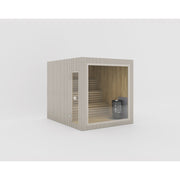 Celsium Jonas Large Außensauna aus 44 mm Massivholz in hellgrauer Außenverkleidung mit Harvia Ofen, Platz für 6 Personen