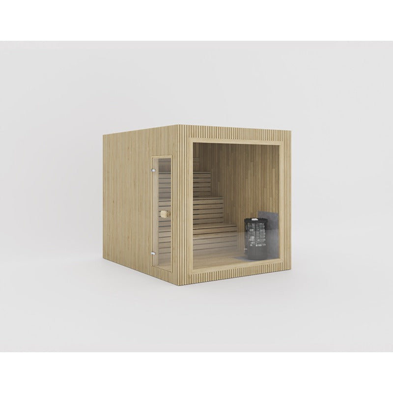 Celsium Jonas Large Außensauna aus 44 mm Massivholz in naturbelassener Außenverkleidung mit Harvia Ofen, Platz für 6 Personen

