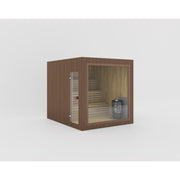 Celsium Jonas Large Außensauna aus 44 mm Massivholz in brauner Außenverkleidung mit Harvia Ofen, Platz für 6 Personen

