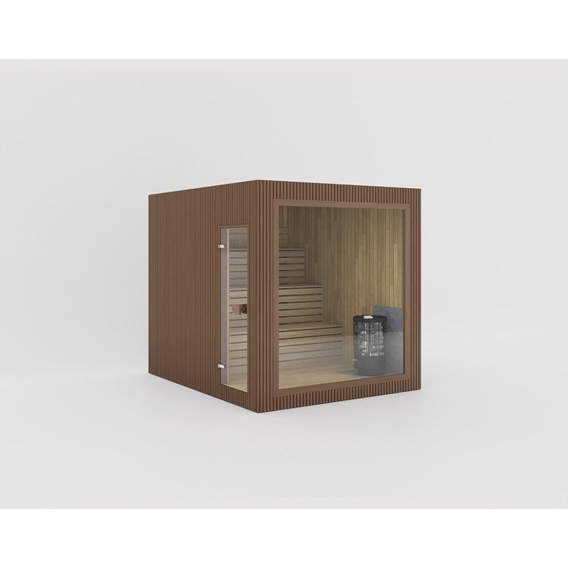 Celsium Jonas Large Außensauna aus 44 mm Massivholz in brauner Außenverkleidung mit Harvia Ofen, Platz für 6 Personen

