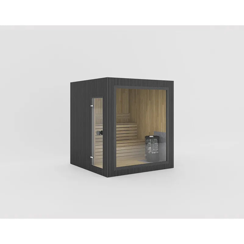 Celsium Jonas Classic Gartensauna mit grauer Wellblechwand und großer Glasfront, Holzinterieur mit Saunaofen sichtbar