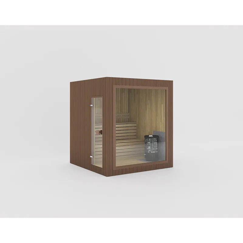 Celsium Jonas Classic Gartensauna mit Holzverkleidung, großer Glasfront und integriertem Saunaofen für 4 Personen