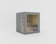Celsium Jonas Small platzsparende Außensauna aus 44 mm Massivholz in grauer Außenverkleidung mit Harvia Ofen