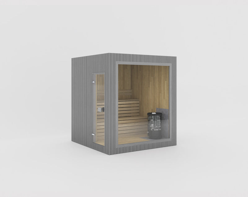 Celsium Jonas Small platzsparende Außensauna aus 44 mm Massivholz in grauer Außenverkleidung mit Harvia Ofen