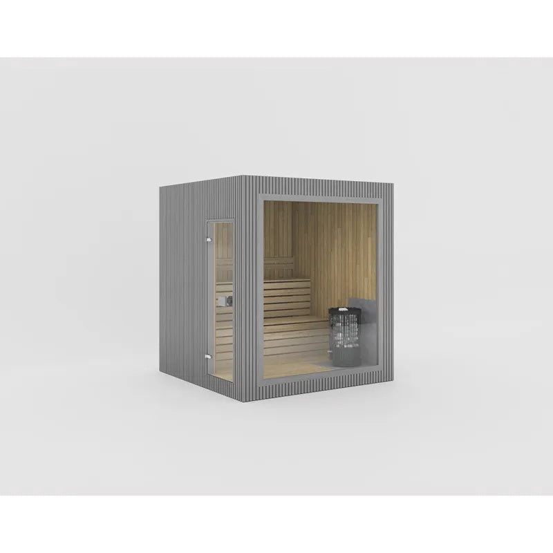 Celsium Jonas Classic Gartensauna mit Glasfront und Holzinnenraum, modernes Design mit grauer Außenhülle und integriertem Saunaofen für vier Personen.