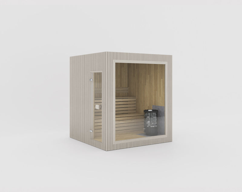 Celsium Jonas Small platzsparende Außensauna aus 44 mm Massivholz in hellem Holzton mit Harvia Ofen