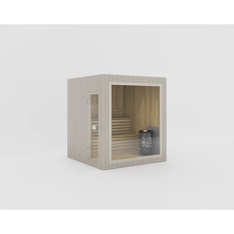 Celsium Jonas Classic Gartensauna mit Glasfront und hellem Holzdesign, Saunaofen im Inneren, Platz für 4 Personen