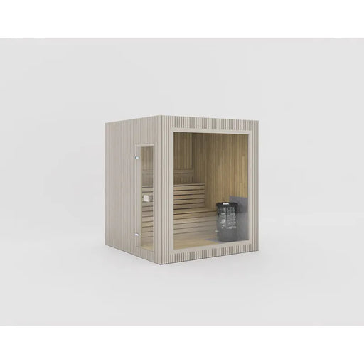 Celsium Jonas Small platzsparende Außensauna aus 44 mm Massivholz in hellem Holzton mit Harvia Ofen