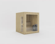 Celsium Jonas Small platzsparende Außensauna aus 44 mm Massivholz in naturbelassener Außenverkleidung mit Harvia Ofen