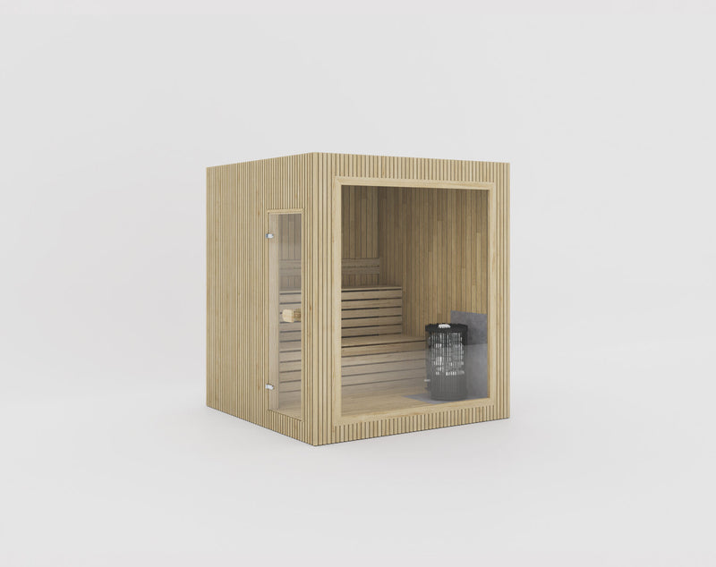 Celsium Jonas Small platzsparende Außensauna aus 44 mm Massivholz in naturbelassener Außenverkleidung mit Harvia Ofen