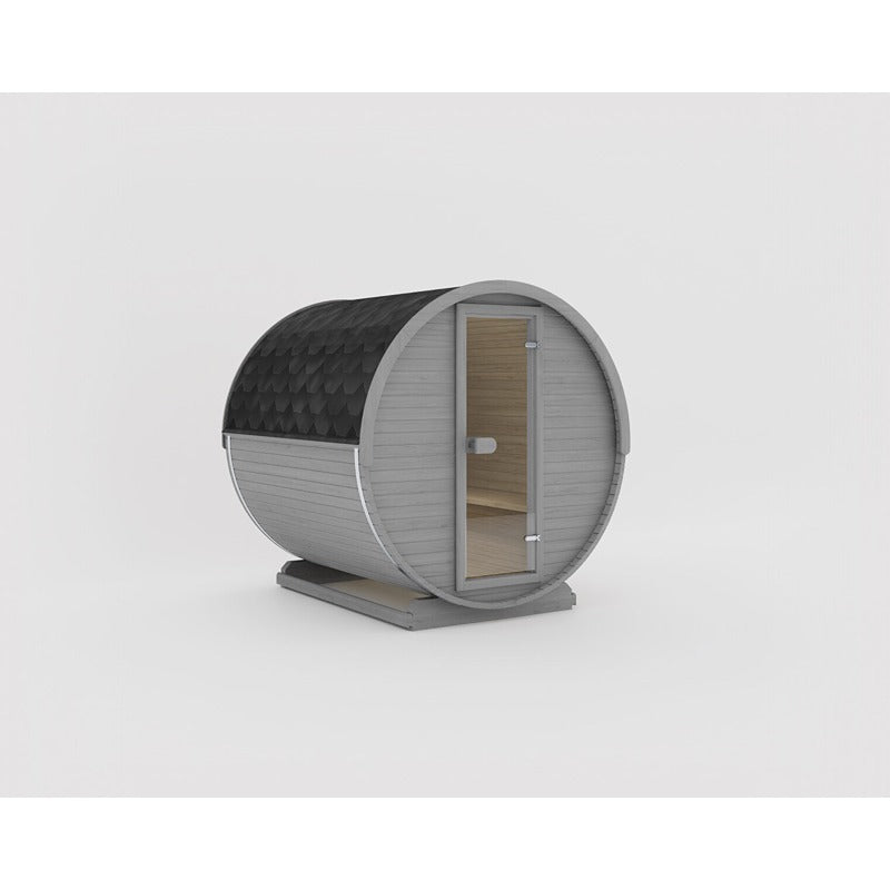Außenansicht der Celsium Joris Small Sauna in grauer Farbvariante mit runder Fassform und schwarzem Schindeldach