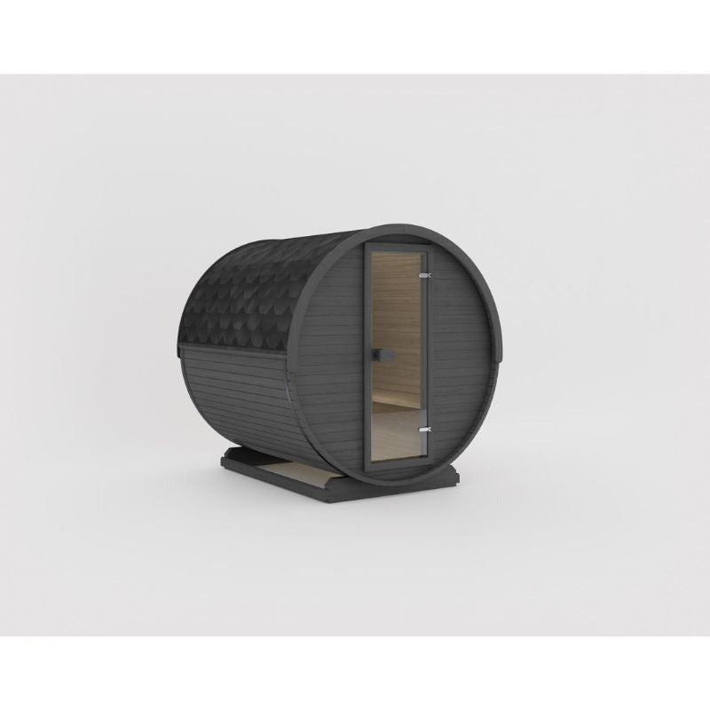 Außenansicht der Celsium Joris Small Sauna in Schwarz mit runder Fassform und Glastür