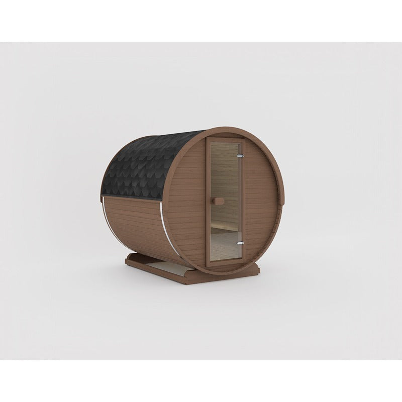 Außenansicht der Celsium Joris Small Sauna in Teakoptik mit runder Fassform und schwarzem Bitumendach