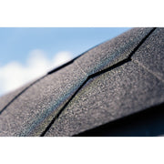 Detailaufnahme des wetterfesten Sauna-Dachs mit Bitumen-Schindeln in dunkler Ausführung