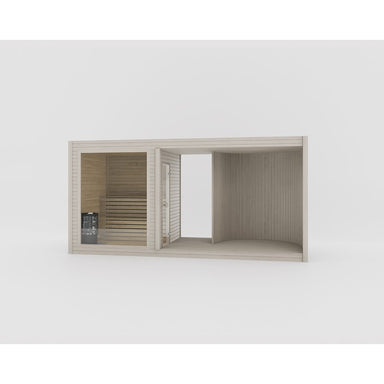 Celsium Tauras Air Modular Sauna in heller Naturholz-Optik – stilvolle Modulsauna mit klarer Linienführung und Glasfront