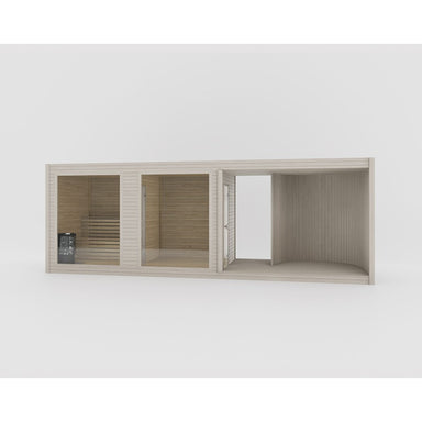 Celsium Tauras Balance Modular Sauna in elegantem Beige mit klarer Glasfront und Mittelmodul
