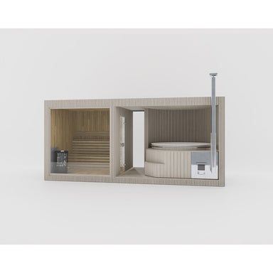 Celsium Tauras Small Sauna in Naturholz mit großem Glasfenster und integriertem Hot Tub, Außenansicht.