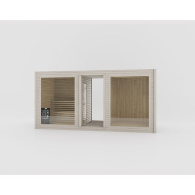 Celsium Tauras View Modular Sauna mit Panoramafenster in Naturholz-Optik – moderne Glassauna mit klarer Linienführung.