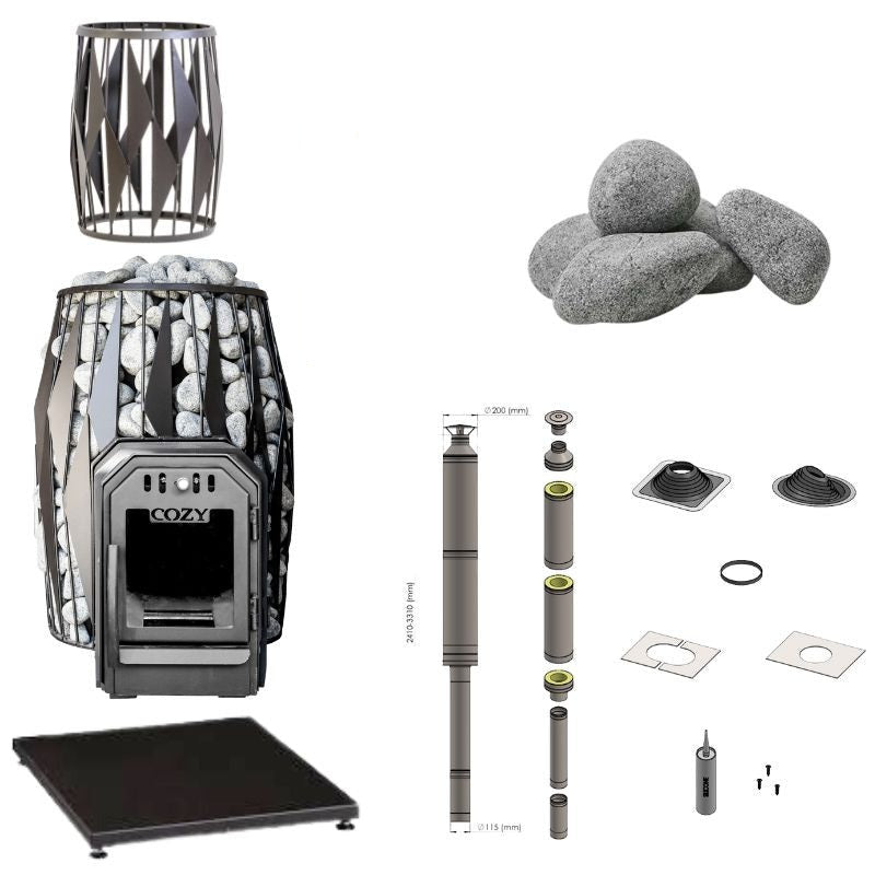 Abbildung des Cozy 12 OG Saunaofen-Komplettsets: inkl. Ofen, Schornsteinsystem, Bodenplatte, Frontabdeckung (für TW-Version), Saunasteinen und Montagematerial – vollständiges Zubehör für holzbefeuerte Saunakabinen.