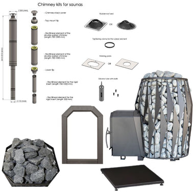 Darstellung des Lieferumfangs des Cozy 18 OG-TW Wandmodells, inklusive Saunaofen mit seitlichem Brennraum, Saunasteine, Einbaurahmen, Bodenplatte, Rauchrohrsystem und Montagematerial.