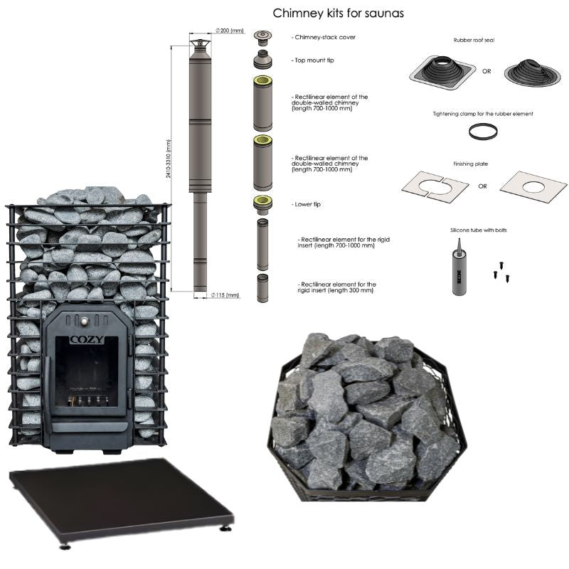 Cozy 18 Quattro Holzsaunaofen Komplettset – inklusive Saunaofen, Saunasteine, Schornsteinset, Bodenplatte, Türrahmen und Zubehörteile