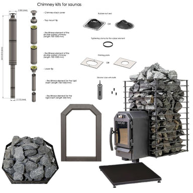 Cozy 18 Quattro Holzsaunaofen Komplettset in Seitenansicht – mit Saunasteinen, Schornsteinset, Bodenplatte, Türrahmen und Zubehörteilen