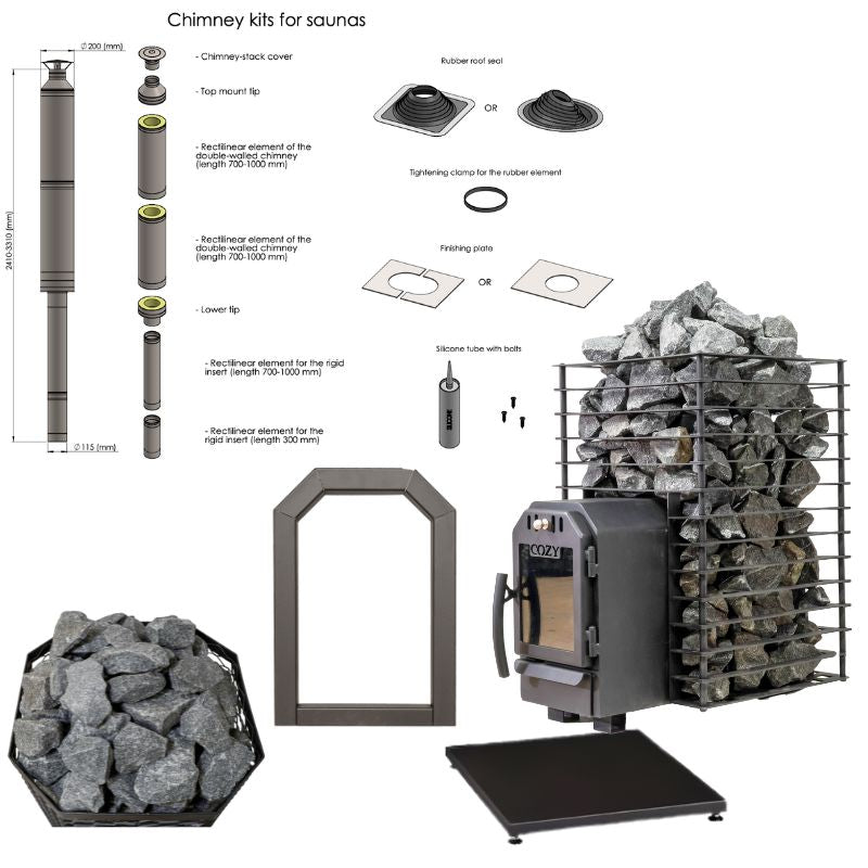 Cozy 18 Quattro Holzsaunaofen Komplettset in Seitenansicht – mit Saunasteinen, Schornsteinset, Bodenplatte, Türrahmen und Zubehörteilen