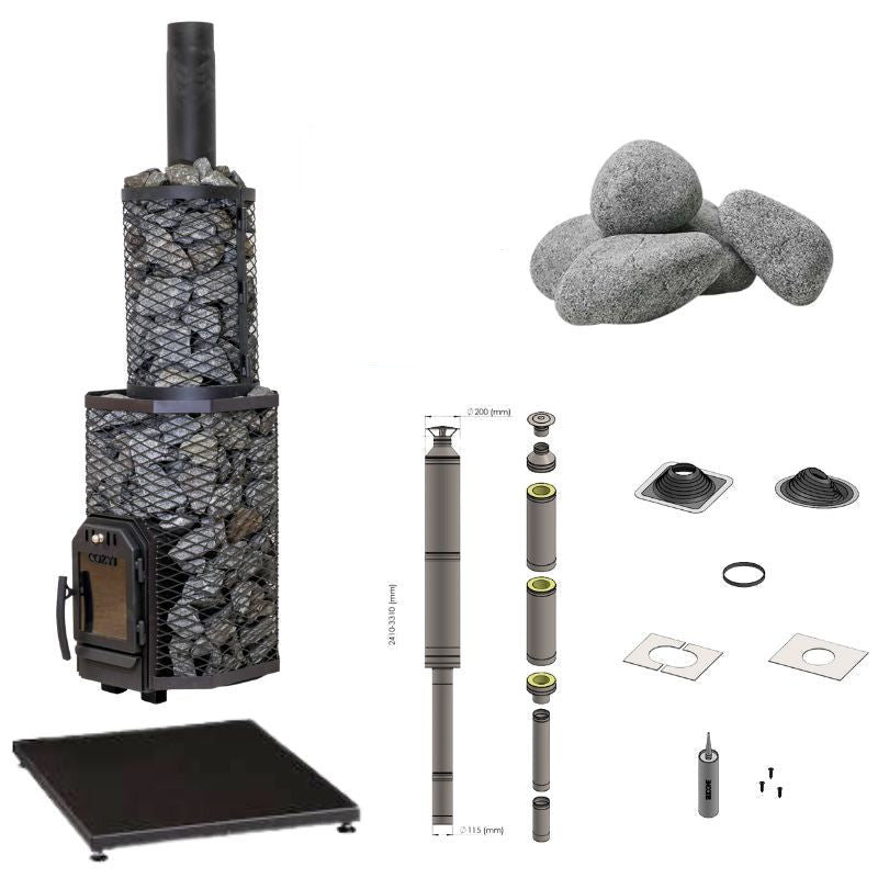 Abbildung des Cozy 18-TW Saunaofen-Komplettsets: holzbefeuerter Saunaofen mit seitlicher Befeuerung durch die Wand, inkl. 160 kg Saunasteine, Schornstein, Bodenplatte, Wanddurchführung, Frontabdeckung und Zubehör – ideal für große Saunen bis 22 m³.