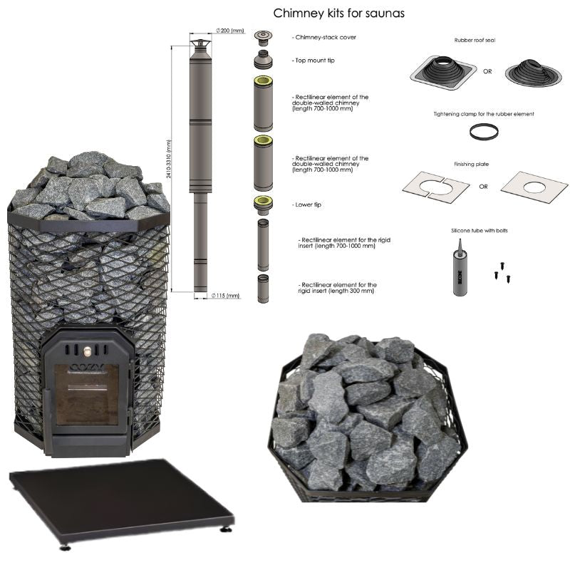 Abbildung des Cozy 18-TW Saunaofen-Komplettsets: holzbefeuerter Saunaofen mit seitlicher Befeuerung durch die Wand, inkl. 160 kg Saunasteine, Schornstein, Bodenplatte, Wanddurchführung, Frontabdeckung und Zubehör – ideal für große Saunen bis 22 m³.