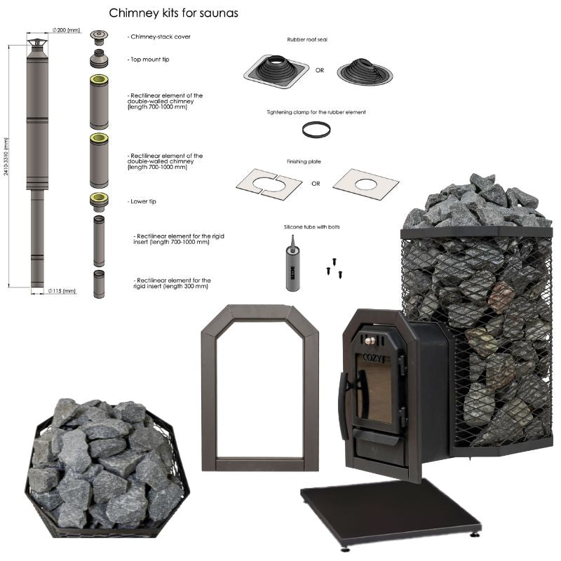 Abbildung des Cozy 18 Saunaofen-Komplettsets: leistungsstarker Holzofen mit Frontbefeuerung, inkl. 160 kg Saunasteinen, Schornstein-Komplettsystem, Bodenplatte, Frontabdeckung und Montagematerial – perfekt für großzügige Saunen bis 22 m³.