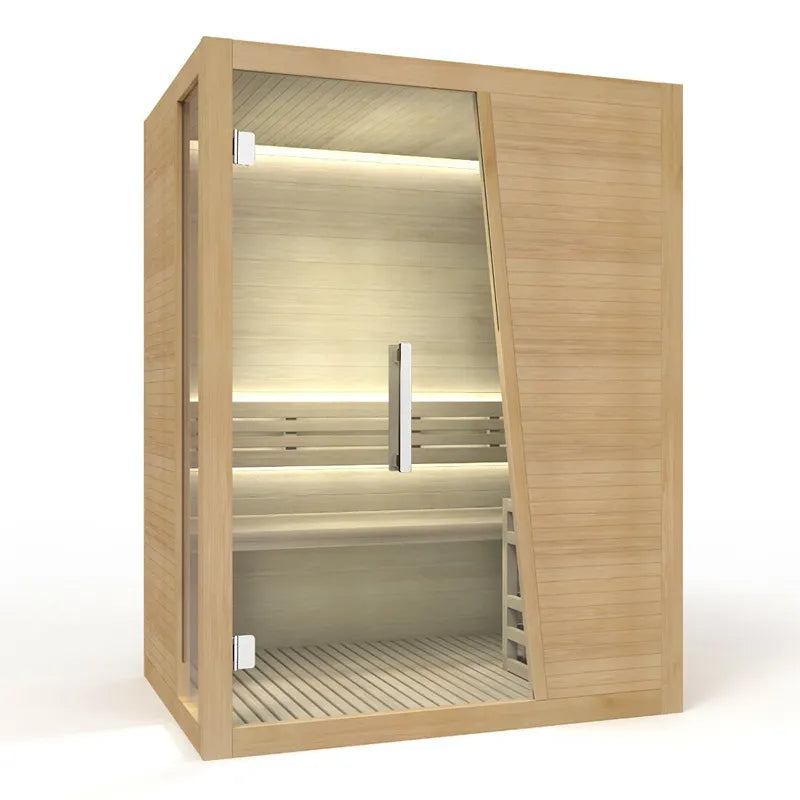 Delta SPA TAIGA 1 Finnische Sauna mit Glastür, Holzverkleidung und Holzbänken im Innenraum