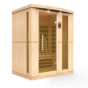 Delta SPA AURA 160 Infrarot-Sauna mit Holzverkleidung, offener Tür und Infrarot-Heizelementen im Innenraum