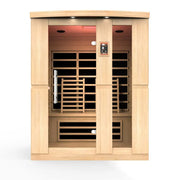 Delta SPA AURA 160 Infrarot-Sauna Frontansicht mit Holzfassade und Glastüren